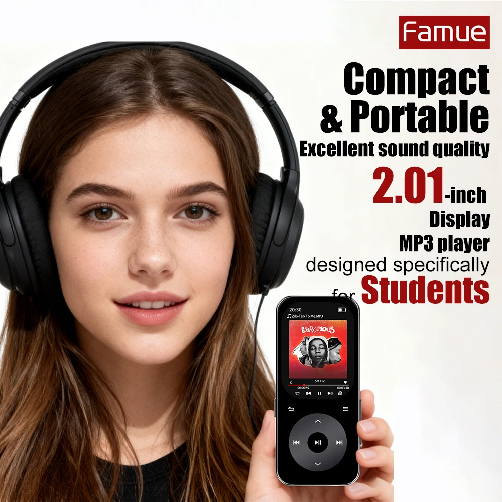 MP3 Player Famue BL15 Ultra-Portable for Students with Lanyard, 2-inch IPS Display, HiFi Sound, Expandable to 192GB - Recorder