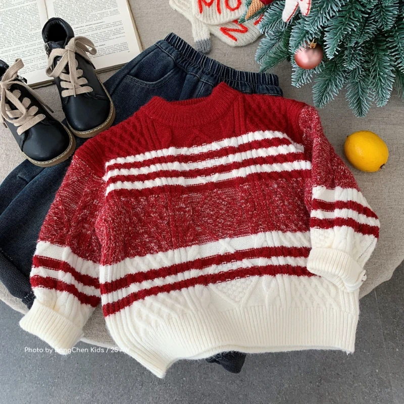 

2025 Winter New Christmas Children's Round Neck Color blocked Stripe Hoodie Warm Sweater
