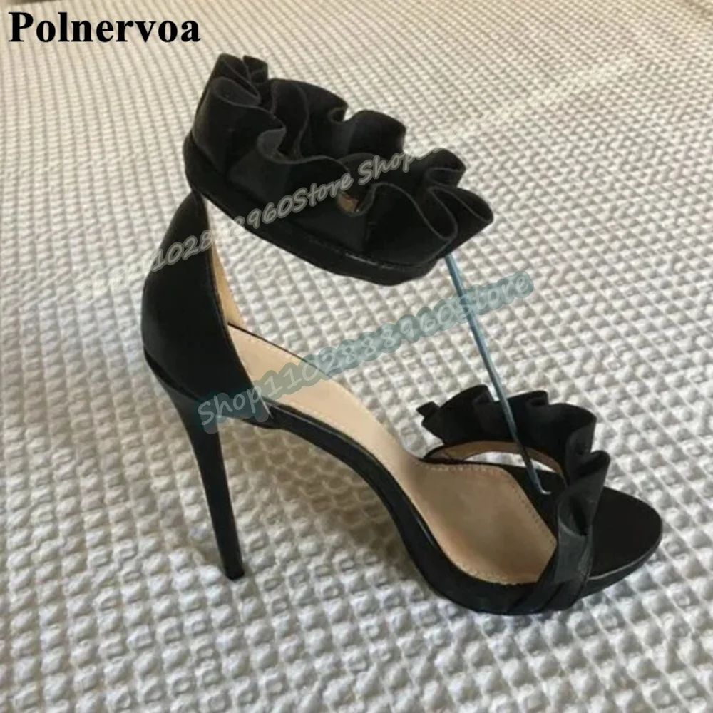 

Sexy Black Ruffles Strap Sandals Stilettos High Heel Shoes For Women Ankle Buckle Strap Open Toe Gorgeous Zapatos Para Mujer