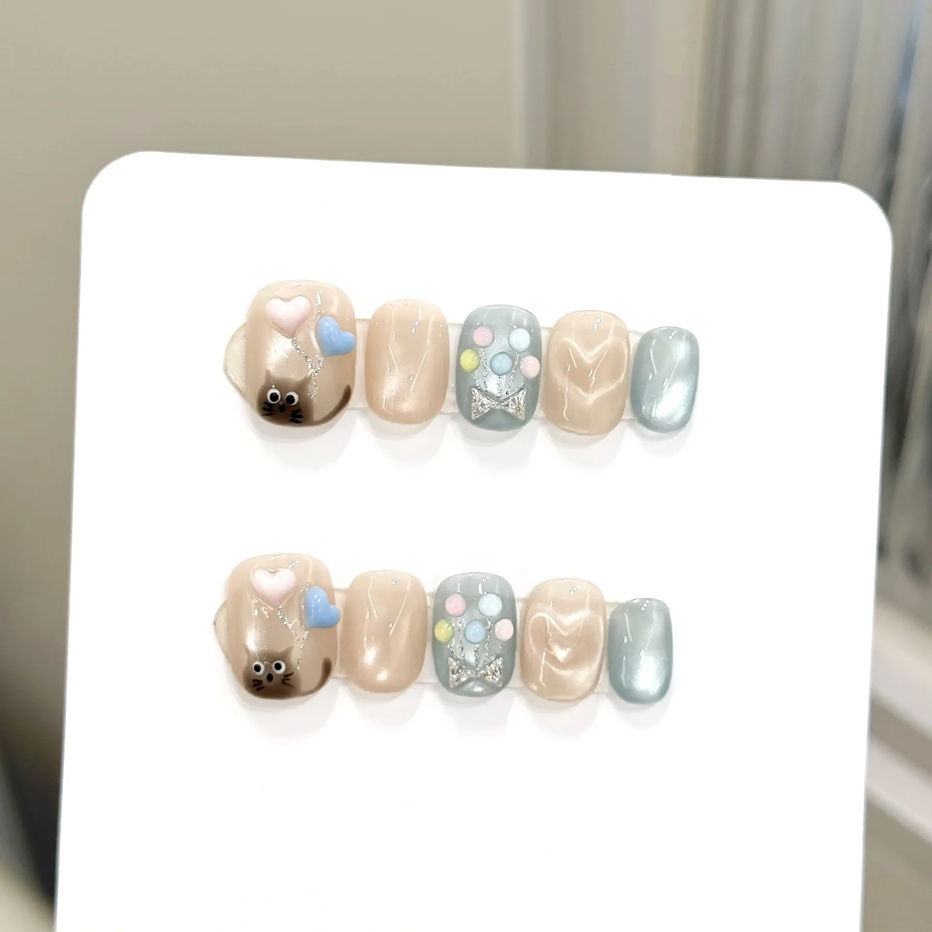 10pcs Pure Hand Pressed Short Round Nail Art,Shinny Clear Cat's Eye With Cute Kitten,Love,Ball,Bow,Ideal For Women