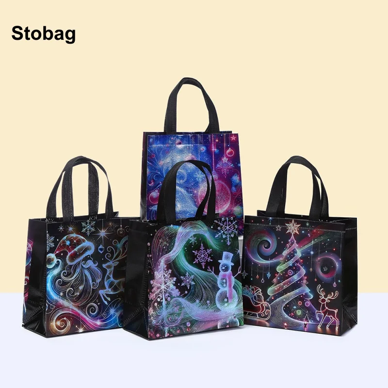 

StoBag 8/20pcs Merry Christmas Laser Non-woven Gift Tote Bag Fabric Kids Package Waterproof for Candy Storage Reusable Pouch