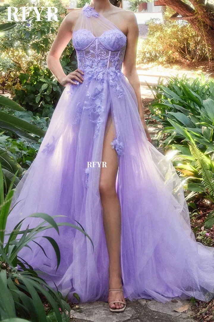 RFYR Tule A linha Prom Dress Vestido De Noite Azul Escuro Sexy Um Ombro Lado Split فستان سهرة Princesa Vestidos De Festa Personalizado