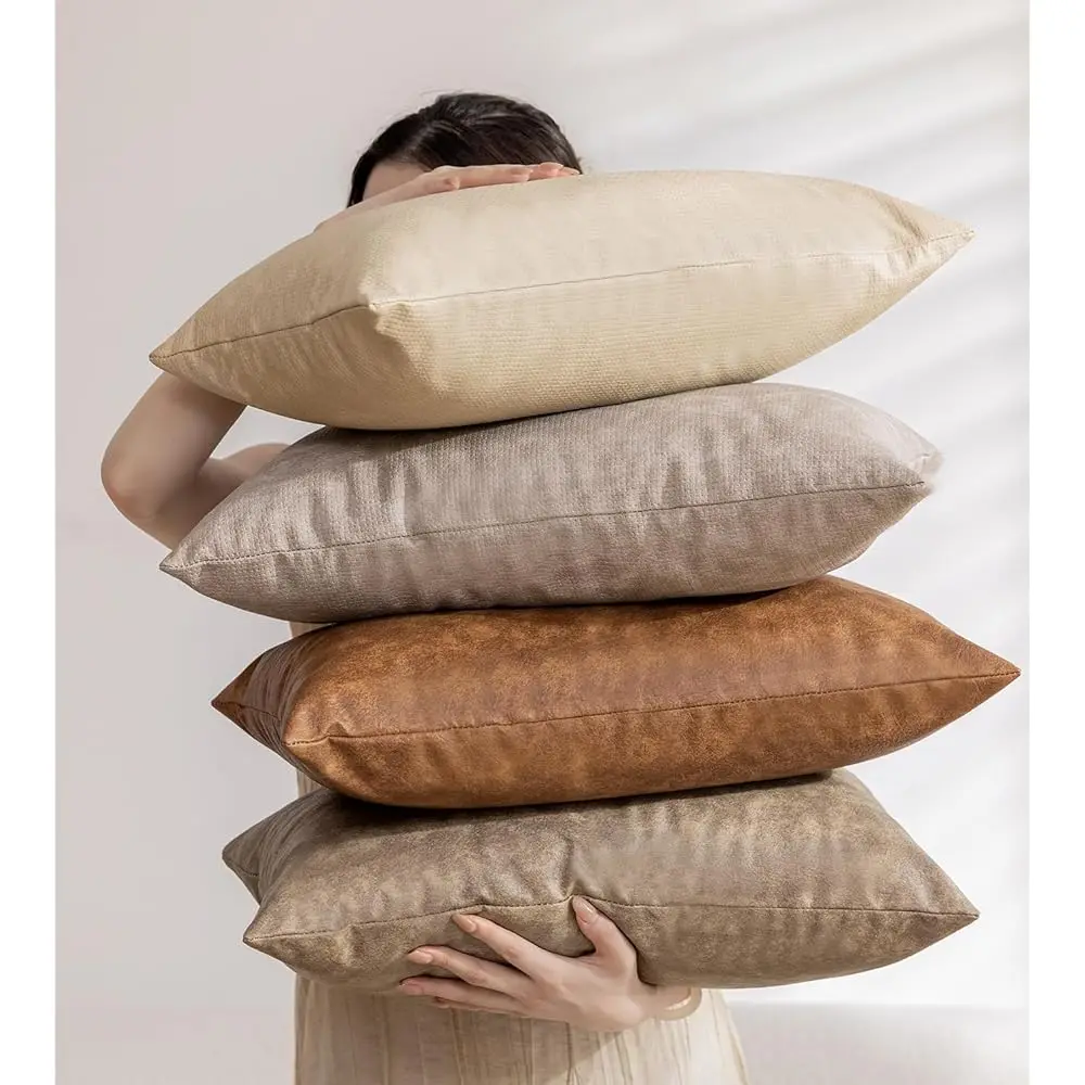 

Neutral Vintage Decorative Faux Leather Throw Pillow Covers, Pa Of 4 12X20 H Lumbar Soft Rustic Farmhouse Waterproof Cushion