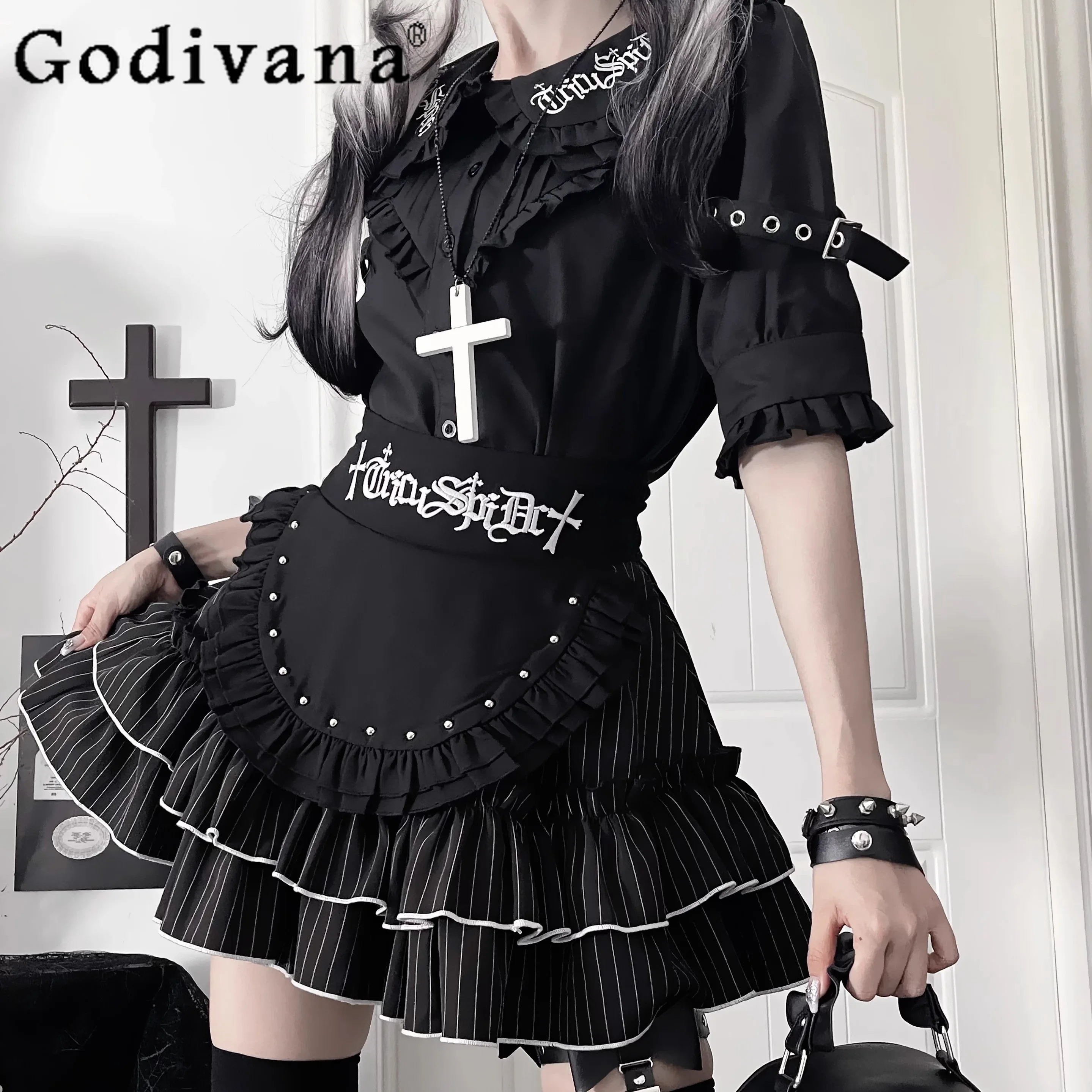 

Subculture Gothic Harajuku Y2k Short-sleeved Shirt Summer New 2025 Girls Women's Sweet Cool Aesthetic Mini Skirt with Apron