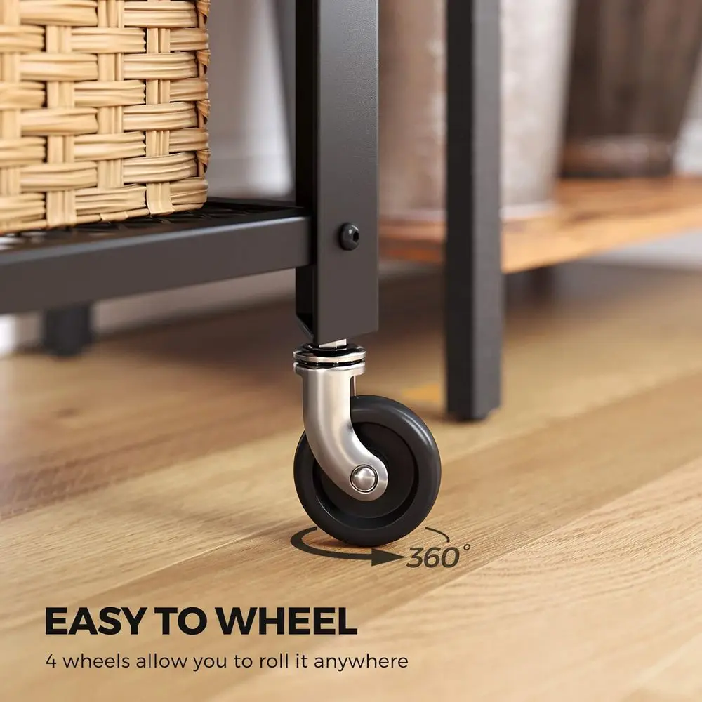 3-Tier Utility Cart with Wheels, Kitchen Storage, Living Room Accent, Steel Frame, Rustic Brown & Ink Black