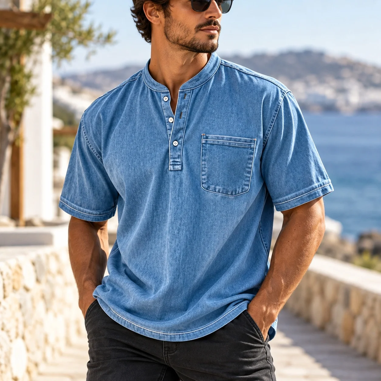 Short Sleeve Casual Shirt Loose Fit Light Mature Casual with Printed Summer Pocket Pullover Polo Collar Polo Shirt for Men