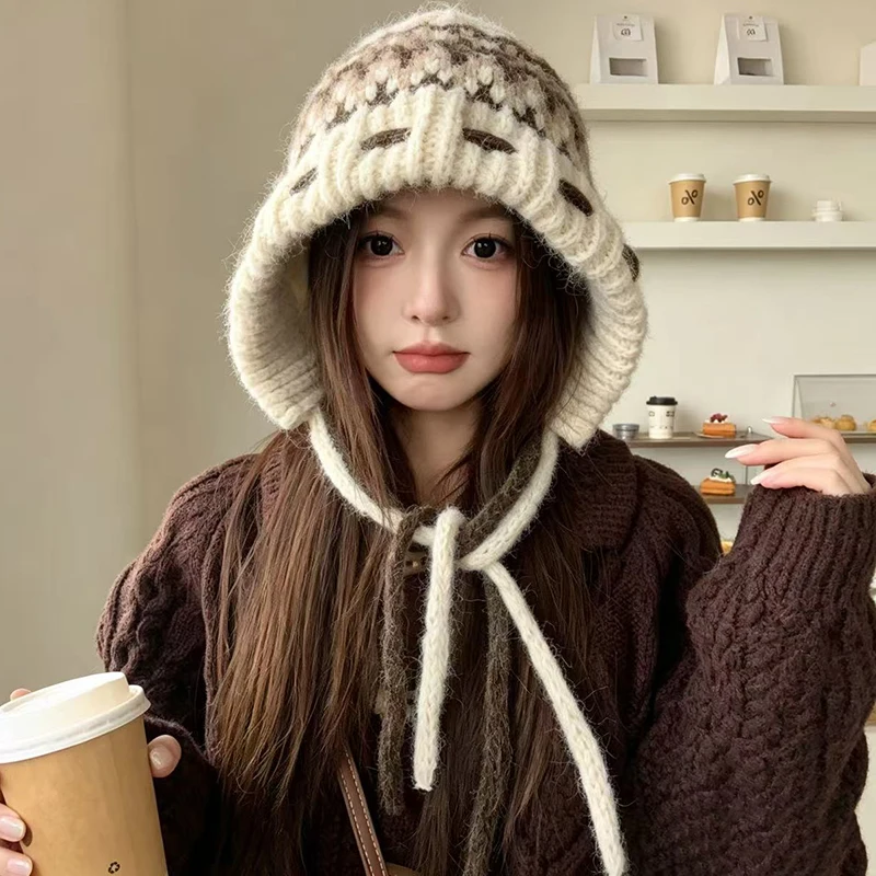 Winte Women New Lace Up Wool Blended Knitted Hat Ear Protection Outdoor Pullover Hat Warm Windproof Earflap Cute Beanies Female