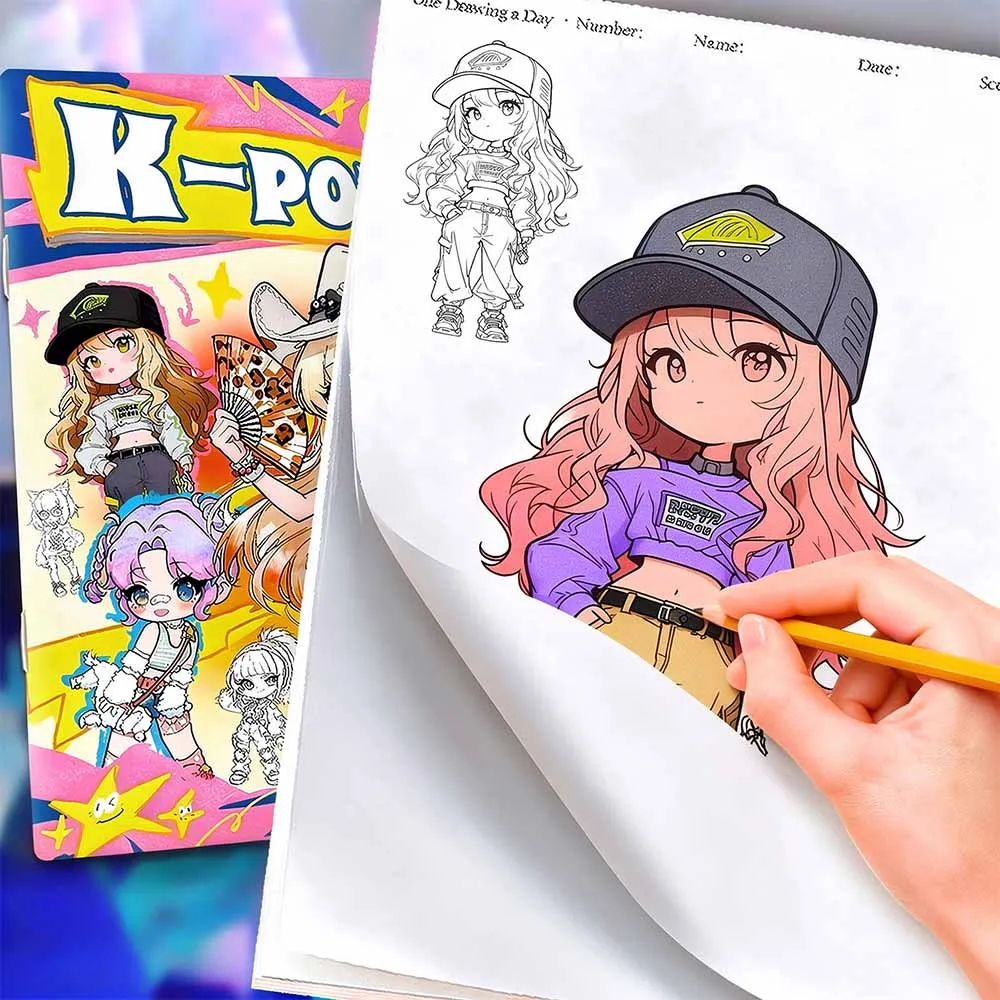 K-Pop Art Coloring Book for Kids – Original Character Line Drawings, Trendy Fashion Illustration Pages, Gift for Children