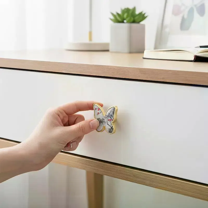 Butterfly Shaped Cabinet Knobs Furniture Handles: Chinese Painting Patterns Kitchen Wardrobe Drawer Home Decoration