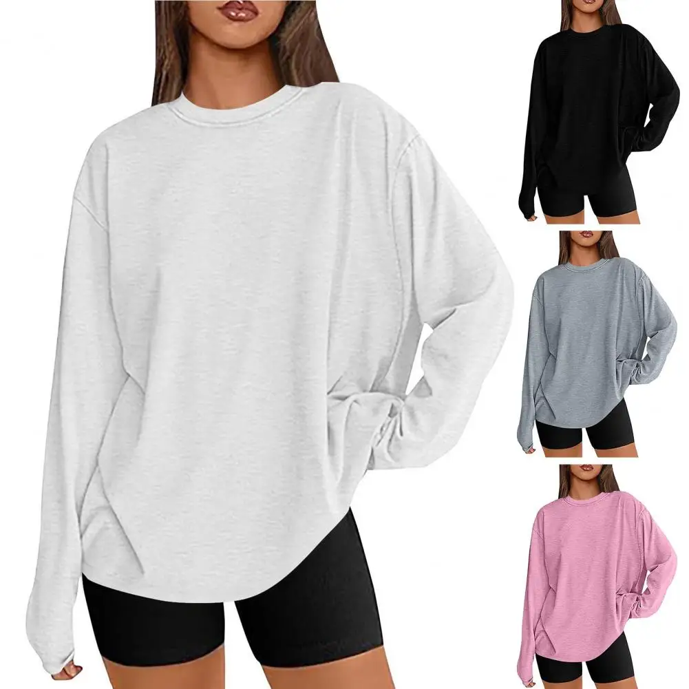 Women Top Soft Stretchy Women Blouse Stylish Women's Round Neck Long Sleeve Pullover Tops for Wear Soft Stretchy Solid Color