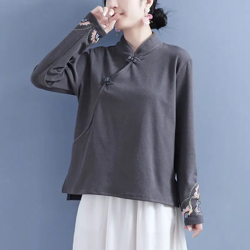 2026 Autumn Winter Long Sleeve Top, Chinese Style Embroidery Stand Collar Frog Button Shirt, Elegant Tea Blouse for Women