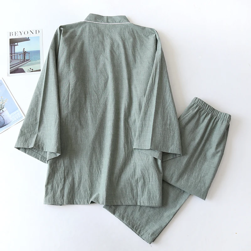 

Japanese Spring And Autumn Men Washed Pure Cotton Kimono Trouser Suit Summer Large Size Loose Thin Home Clothing two-piece Set