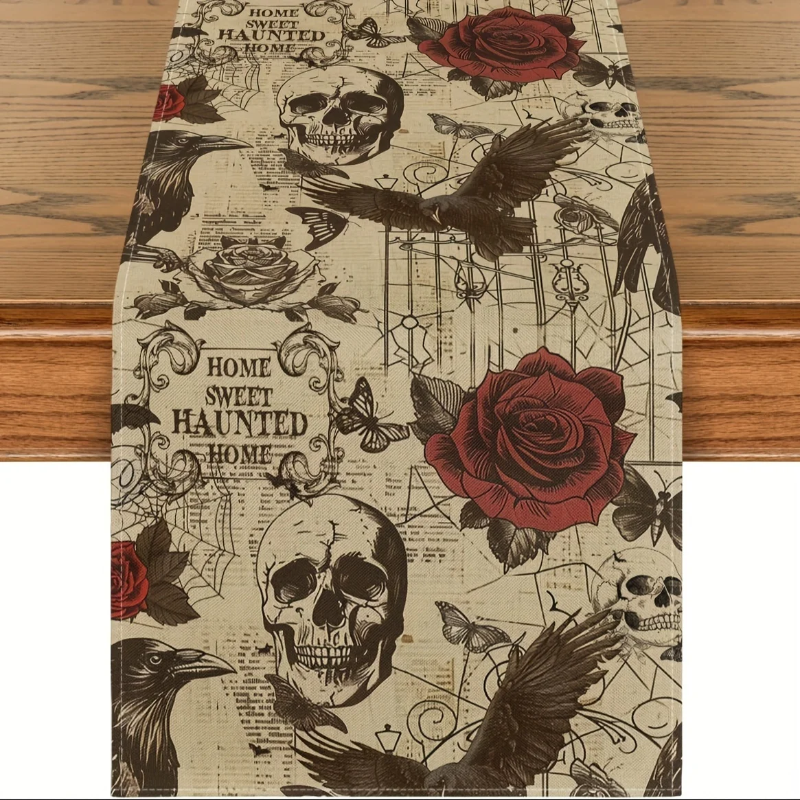 1 Gothic Halloween Table Runner, Decorative Skull, Rose, Crow, Suitable for Party, Restaurant, Theme Room, Market, Holiday Decoration Scenes.