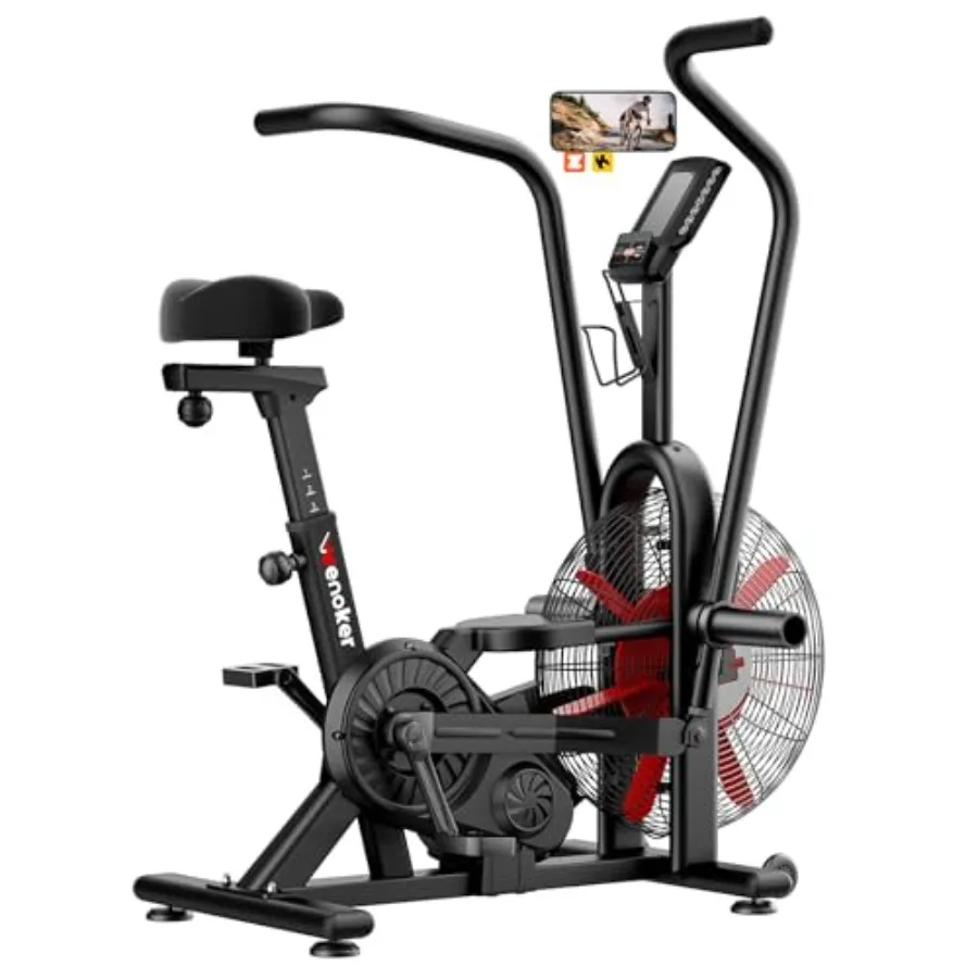 

Велотренажер Air Bike с воздушным сопротивлением для домашнего использования, рули двойного действия, подключение к приложению, настраиваемый монитор, черный