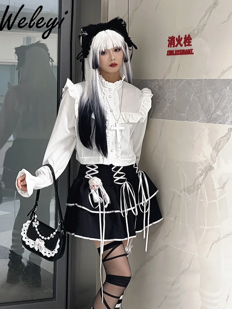 2024 Autumn Gothic Girl Outfits Elegant Long Sleeve Ruffles White Shirt Japanese Punk Style Bandage Cake Short Skirt 2 Piece Set