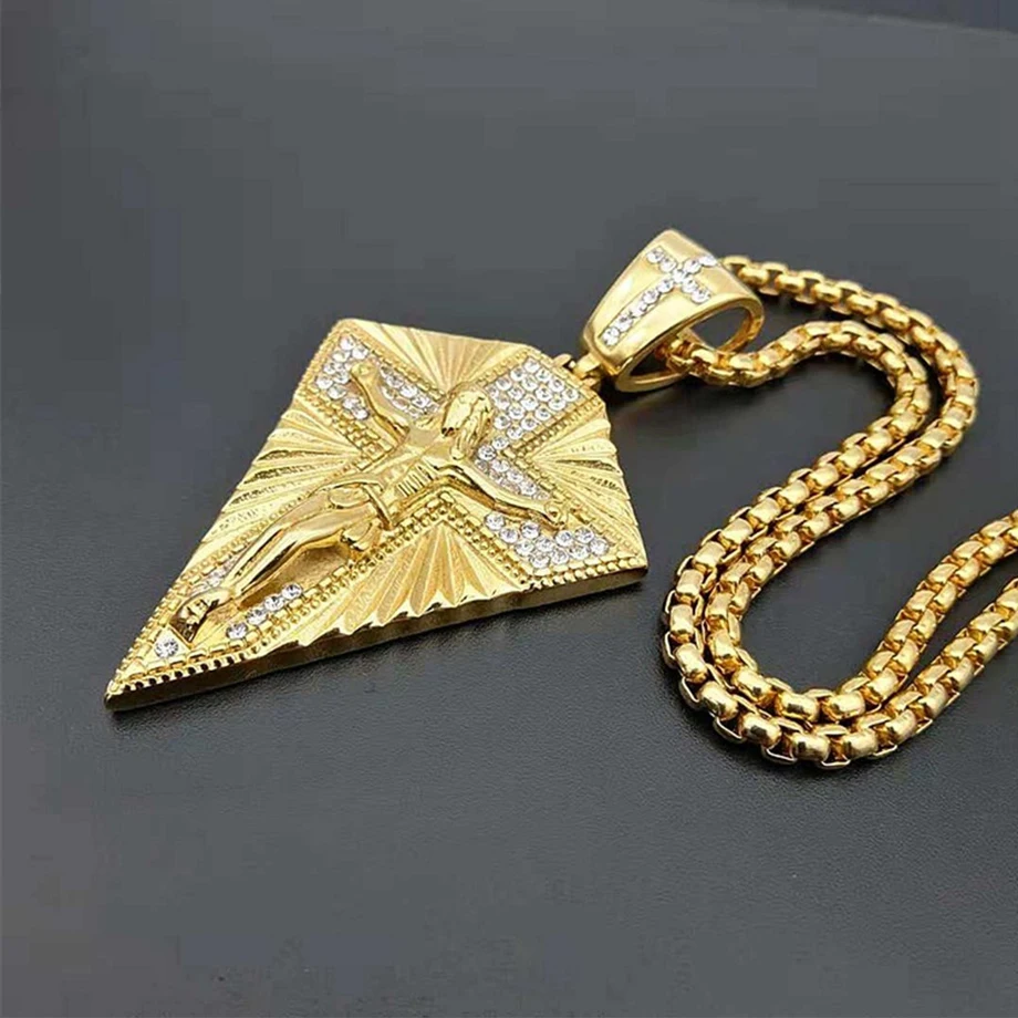 Religious Iced Out Bling Jesus Cross Pendant Male Gold Color Stainless Steel Big Christ Crucifix Necklace for Men Jewelry Gift