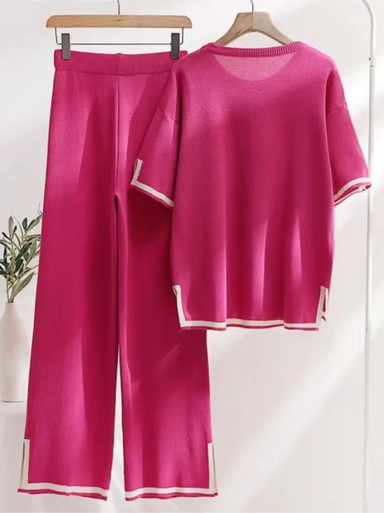 

Nice Elegant Women Knit Two Piece Set Homewear Short Sleeve Split Top + High Waist Pants Sets Spring Casual Loose Chic Suit Fema