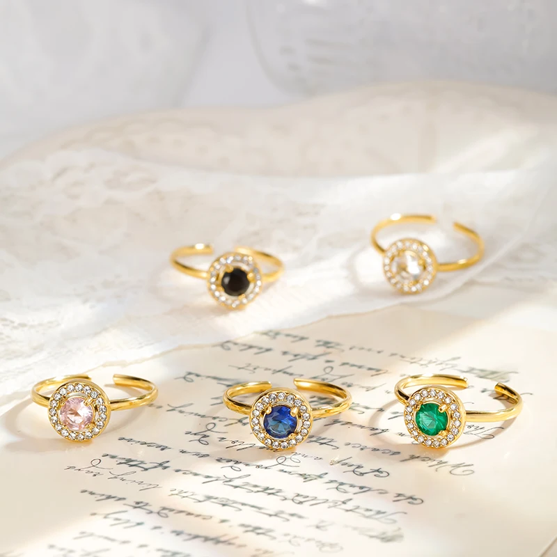 PAXA مقاوم للماء الملونة المفتوحة قابل للتعديل جولة زركون الفولاذ المقاوم للصدأ خواتم للنساء موضة أنيقة مجوهرات حفلة هدية