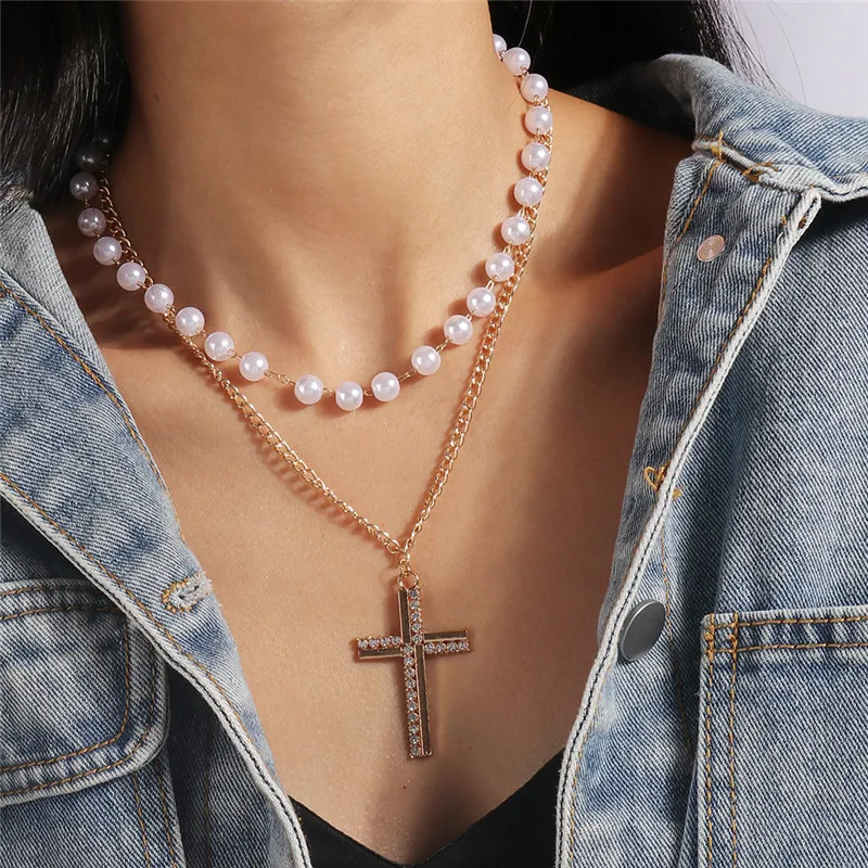 Vintage Kreuz Anhänger Halskette für Frauen Gold Silber Farbe Mehrschichtige Ovale Perlen Kette Halskette Minimalismus Weiblichen Schmuck – Detail 14