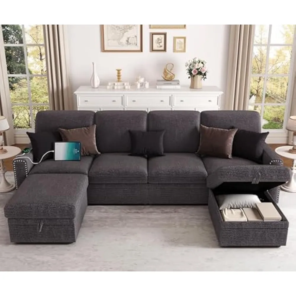 

101 "modular sofa, U-shaped with 6 seats, 2 USB ports and 2 reversible storage chairs, rope velvet modular sofa