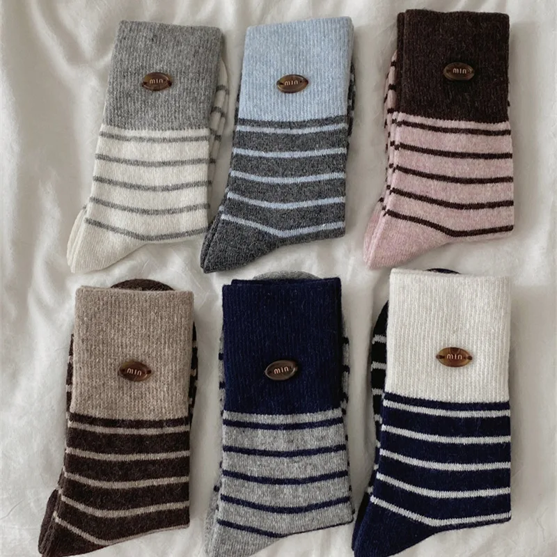 12 pairs of women's spring autumn thick striped spliced wool socks for warmth simplicity comfort  casual mid length socks