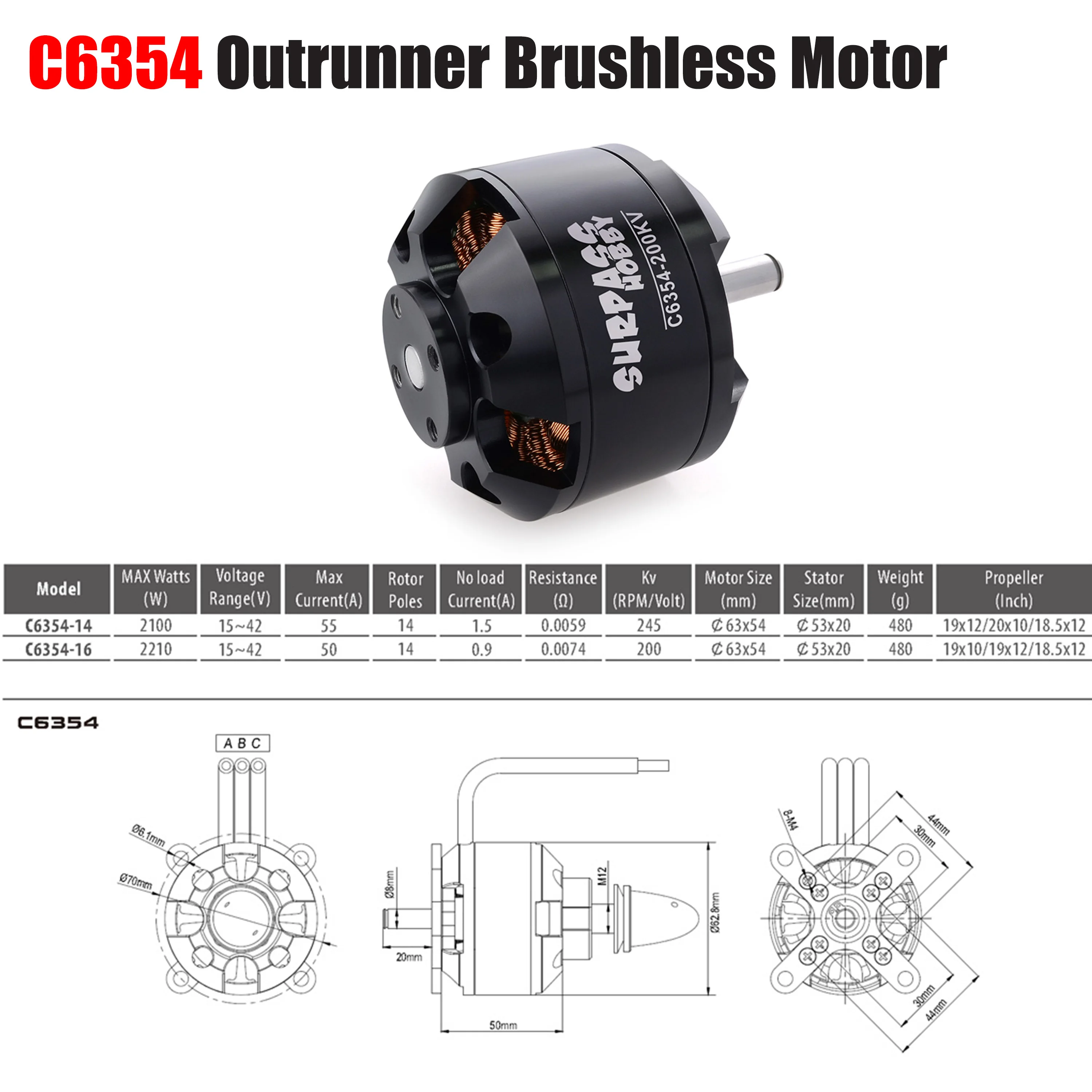 SURPASS HOBBY C6354 Brushless Outrunner Motor 200KV 245KV for RC Drone Fixed-wing Aircraft Airplane Helicopter Glider Plane Toy