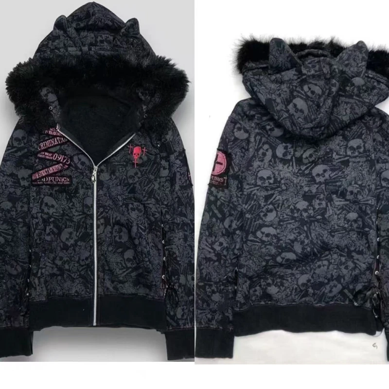 Y2k الجمالية القوطية الجمجمة طباعة هوديس جاكيتات النساء خمر الجرونج الفراء المرقعة مقنعين سترة Harajuku سستة معطف الموضة