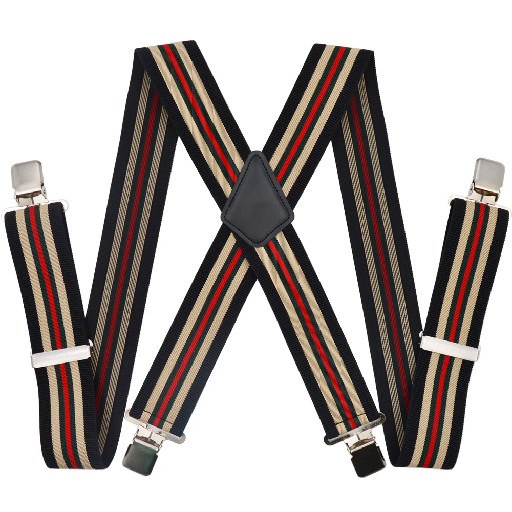 Heavy Duty Big Size Work  Strong clips Pants  Suspenders for Men 50mm Wide Adjustable Braces X Back Elastic Trouser red stripes