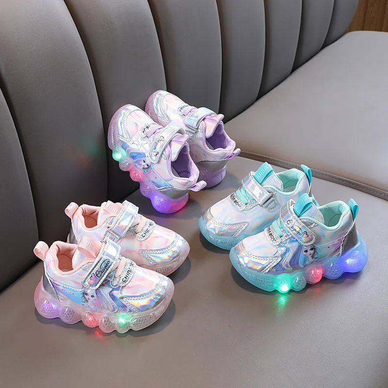 Elsa Princess LED Charging Luminous Glowing Sneakers for Girl's Disney Breathable Sport Shoes Kids Led Lighted Casual Shoes