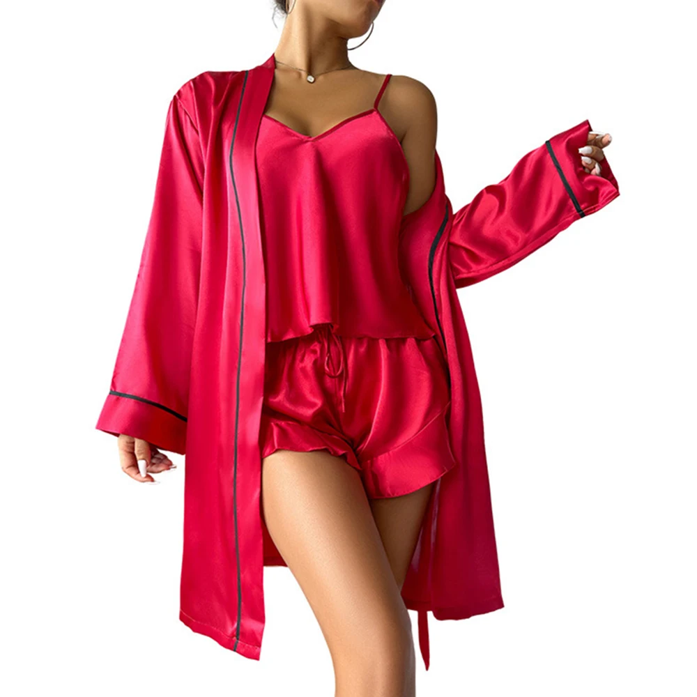 

Women's 3 Pieces Pajamas Satin Cami Top and Shorts with Robe Sleepwear Set Silk Loungewear Set Solid Color Robes With Pajamas