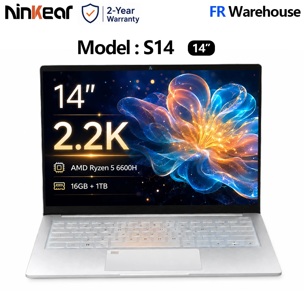 Ninkear S14 Laptop AMD Ryzen 5 6600H 14 Pollici 2.2K 2240x1400 IPS, 16GB LPDDR5 512GB/1TB SSD, Notebook Ultraleggero da 1kg, WiFi 6, Ricarica Rapida P
