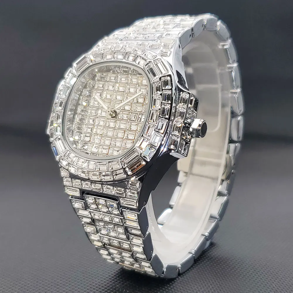 

Men Watches Iced Out Baguette CZ Diamonds Calendar Wristwatch Full Bright Zirconia Stones Square Dial Bangle Men's Quartz Watch