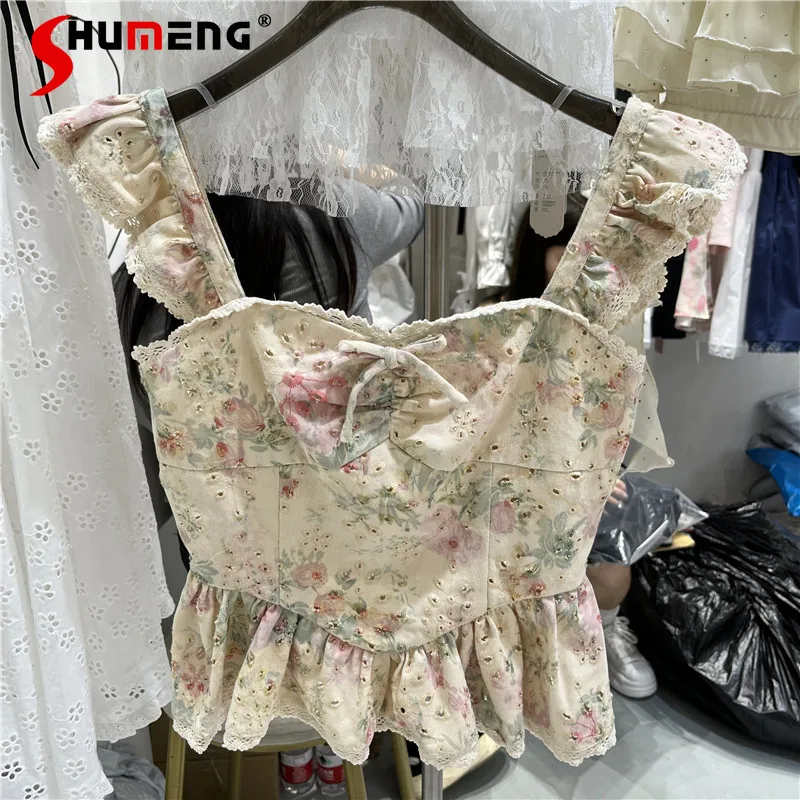 Elegant Lace Hollow Jacquard Camisole Tops for Women Summer 2024 New Hot Girl Style Women's Wooden Ear Printed Flowers Vest Top