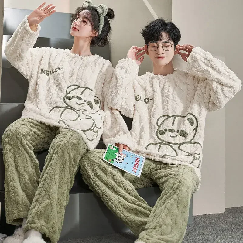 2024 New Nightgown Cute Cartoon Loungewear Set Coral Fleece Couple Sleepwear Women Autumn Winter Thick Pajamas Men Homewear Suit