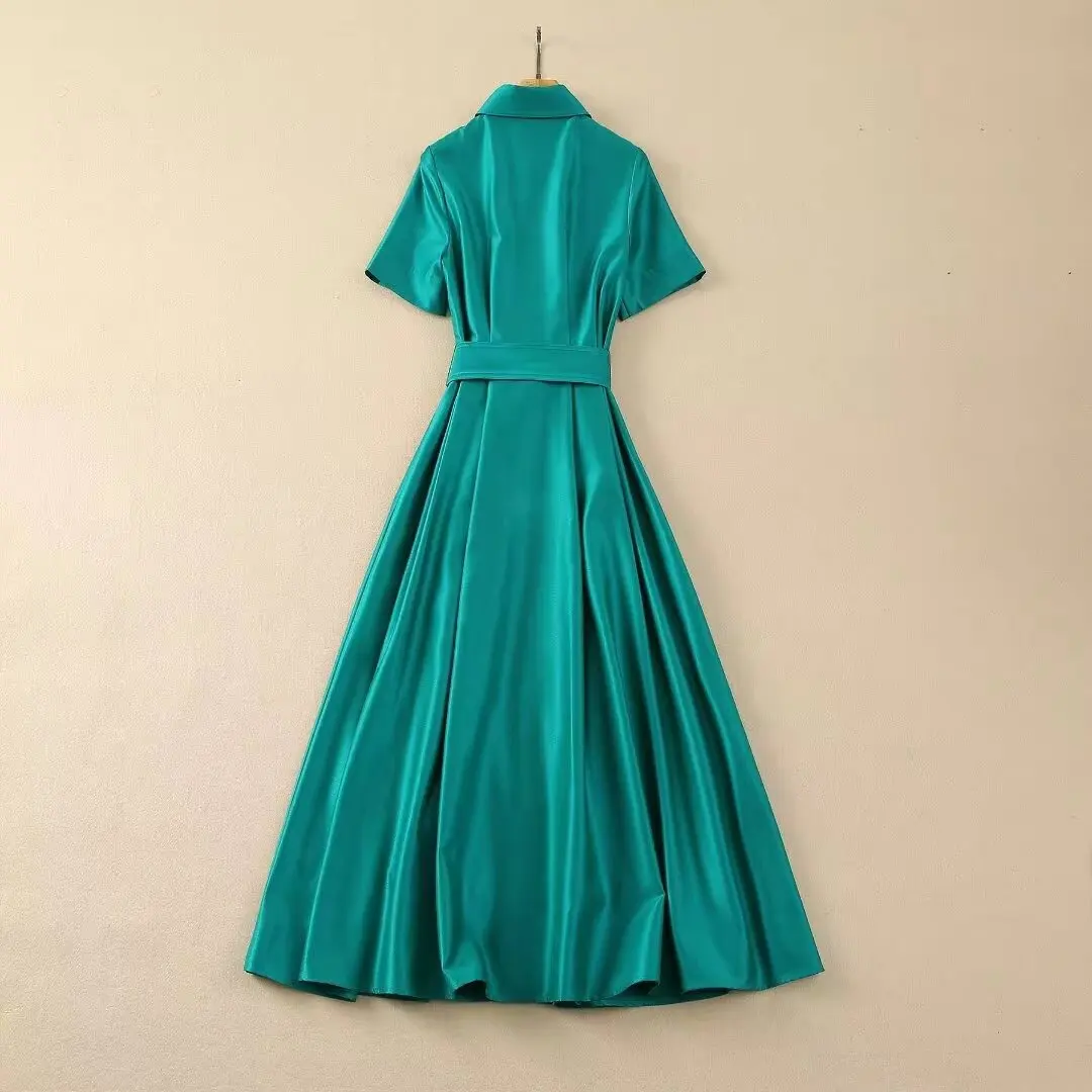 European and American women's clothes 2024 spring new Short-sleeved lapel green single-breasted belt Fashion pleated dress XXL