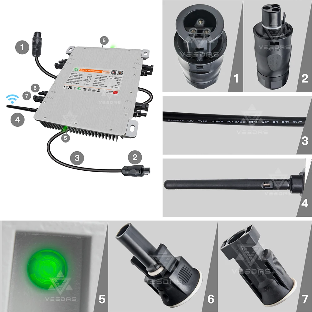 2000W 20-60VDC Solar Grid Connected Micro Inverter, MPPT Pure Sine Wave Converter, Built-In WiFi Intelligent Inverter