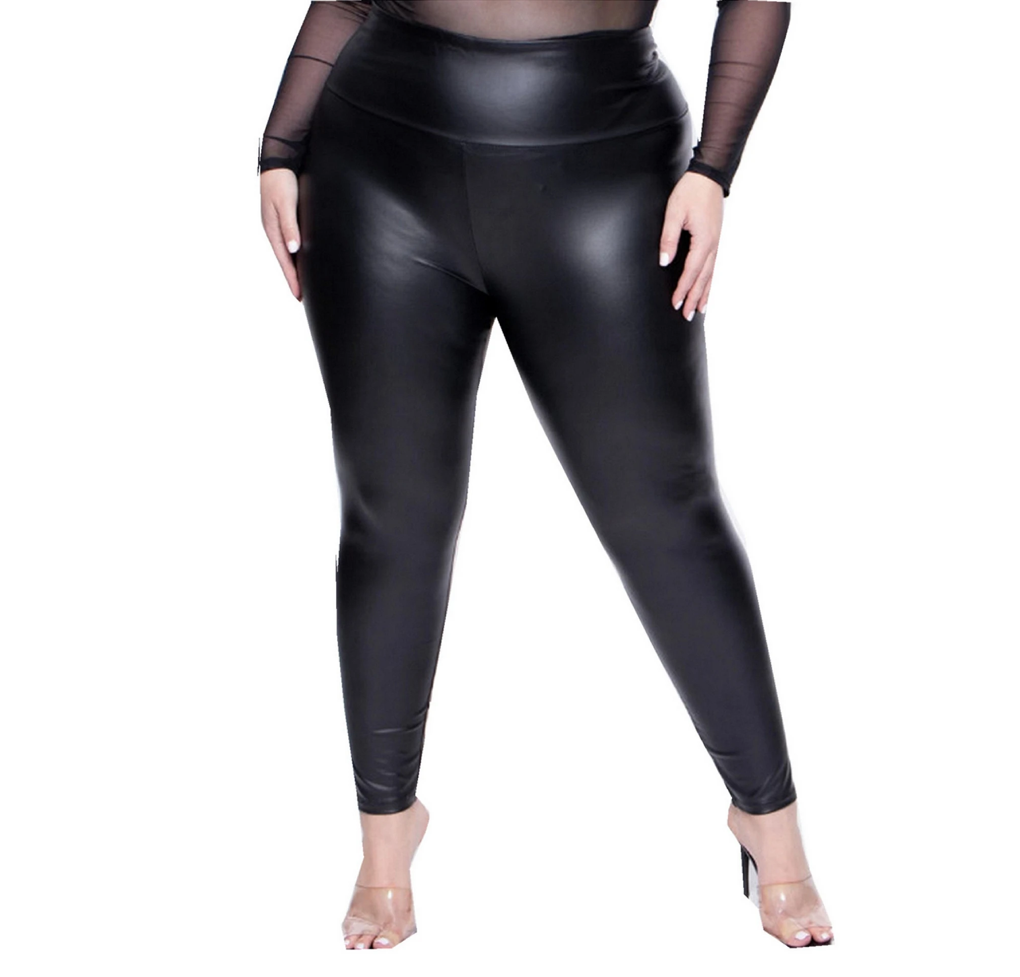 PLus Size Faux Leather PU  Leggings Shiny Fabric Black  Girls Spandex Cloth Pleather Leggings Stretchy High Waist Jegging