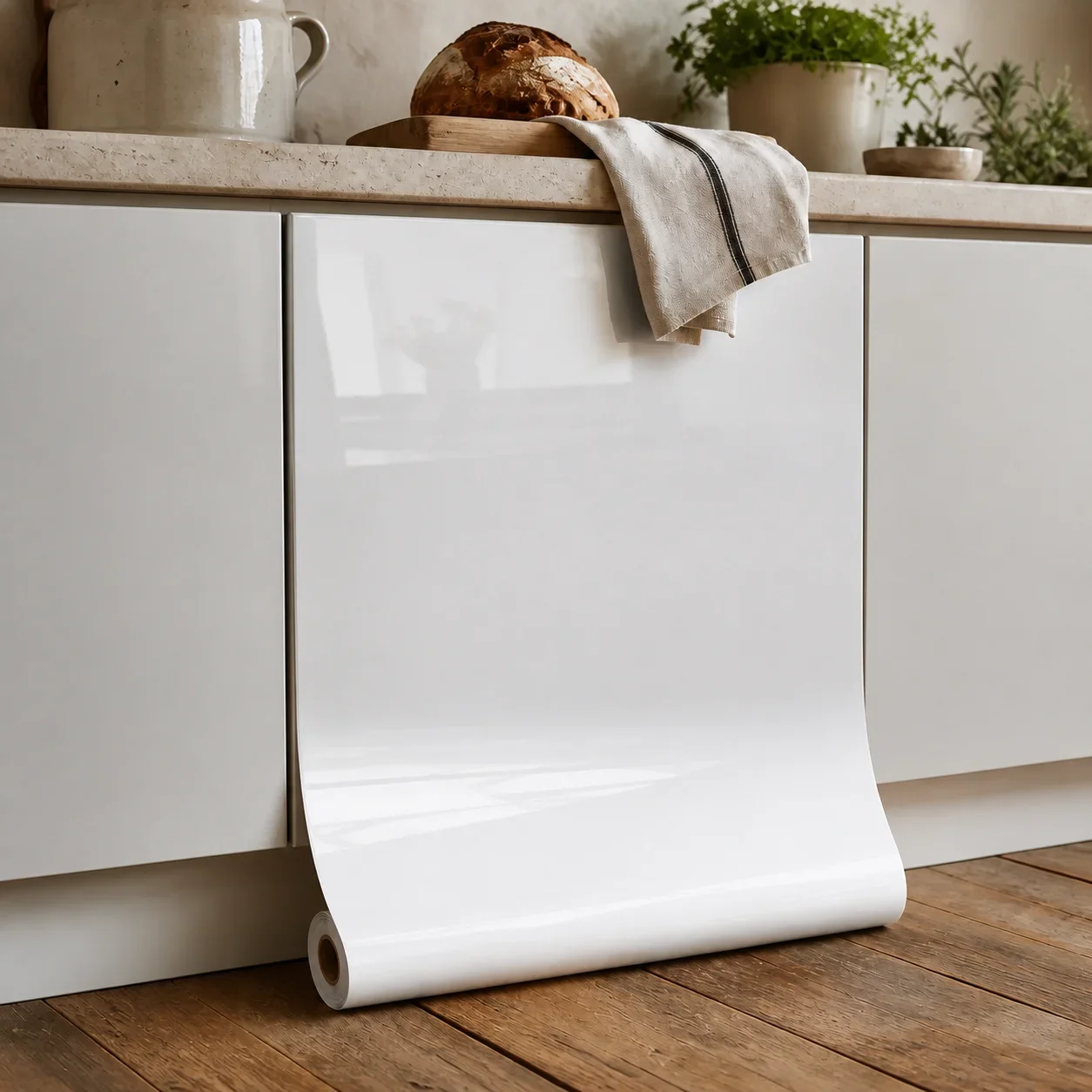 Glossy White Vinyl Wallpaper Is Both Oil- And Heat-Resistant Making It Suitable For Decorating Cabinets And Countertops.