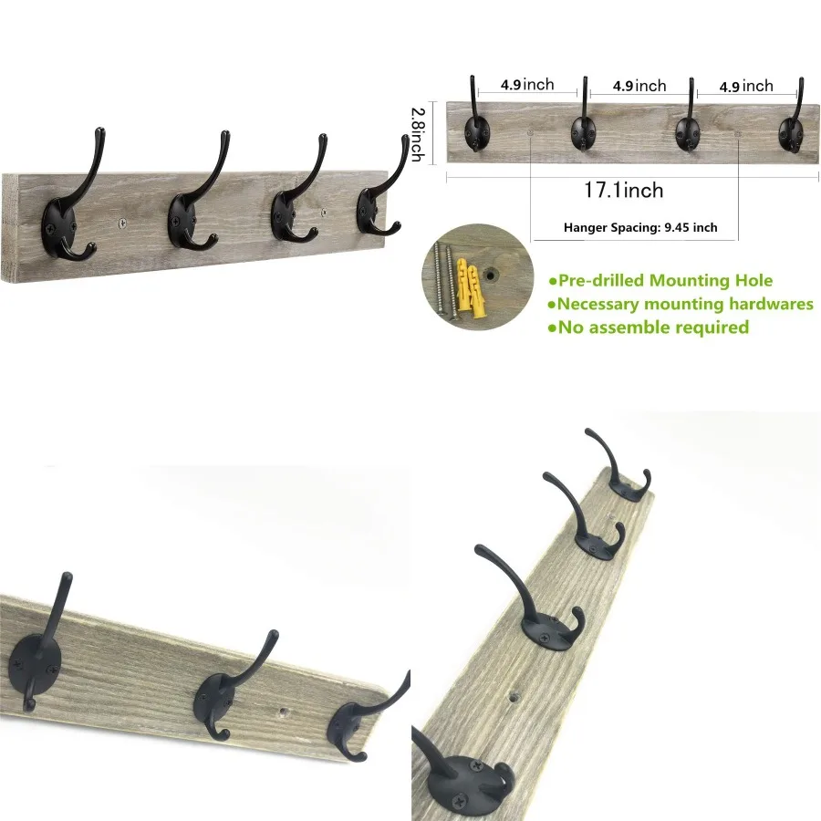 

Настенная вешалка для одежды, деревянная прихожая, винтажная вешалка для одежды в деревенском стиле, вешалка для шляп, литая под давлением цинка, 4 крючка для прихожей, ванная комната