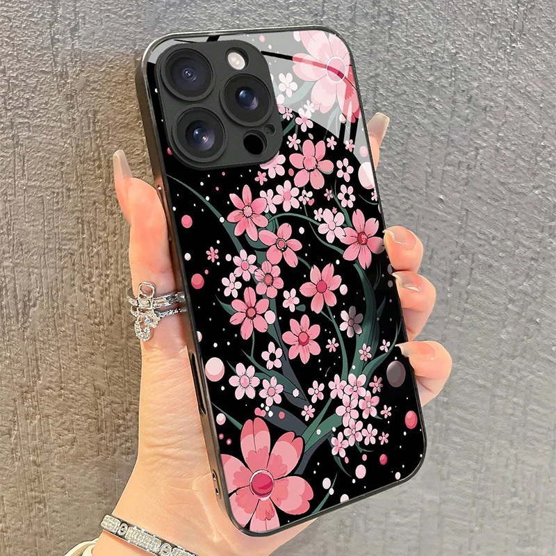 

Pink Sakura Floral Pattern Tempered Glass Phone Case For iPhone 17 16 15 14 13 12 11 Pro Max 17Air 16E 7 8 Plus XR XS X Cover