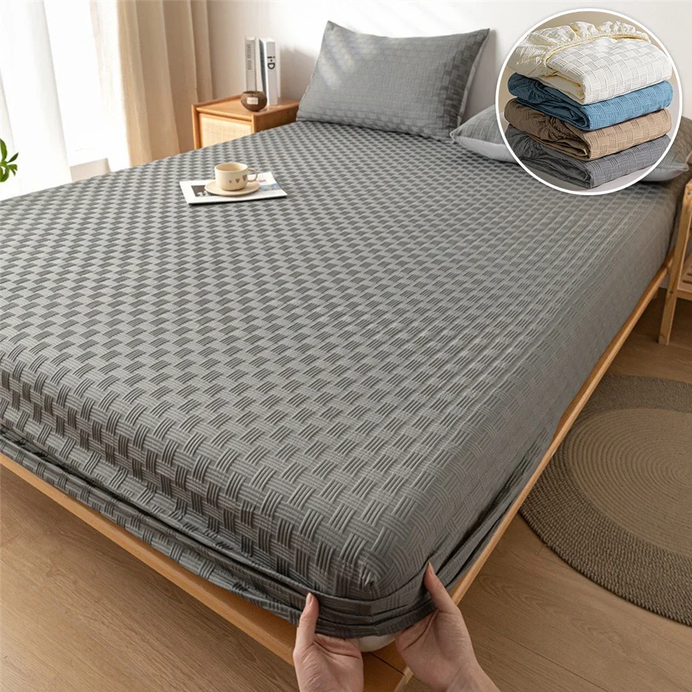 

Double Bedsheet Elastic Fitted Sheet Waffle Washed Cotton Mattress Cover Grey Single/Queen/King Size Sabanas Para Cama 장착형 침대 시트