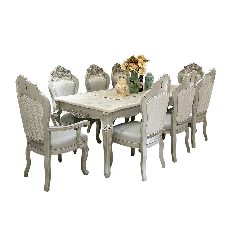 European style solid wood dining table and chair combination large family rectangular dining table marble household