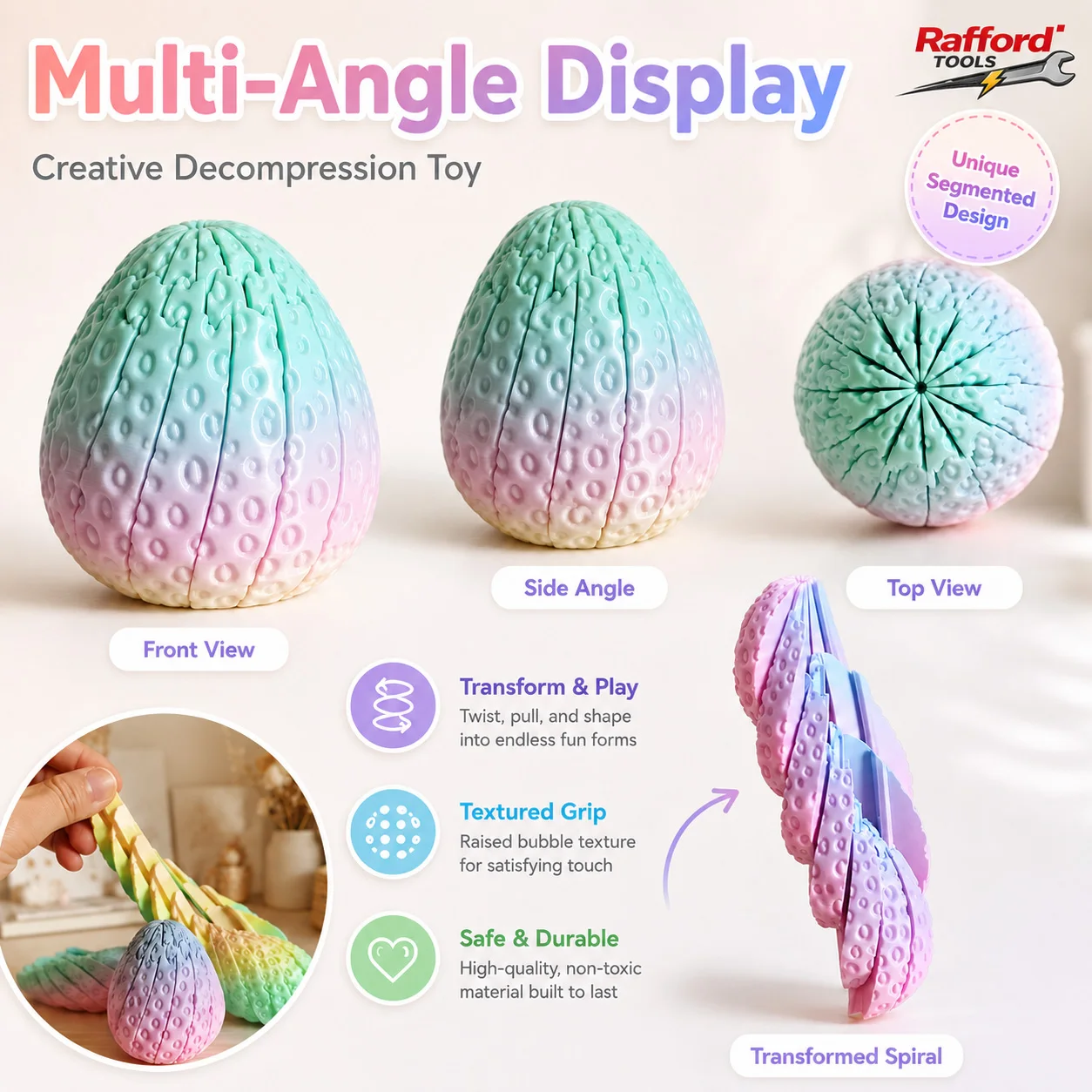 Rafford Transformable Egg Fidget Toy Twist Stretch Sensory Decompression Toy Textured Stress Relief Desk Decor Random Color Gift