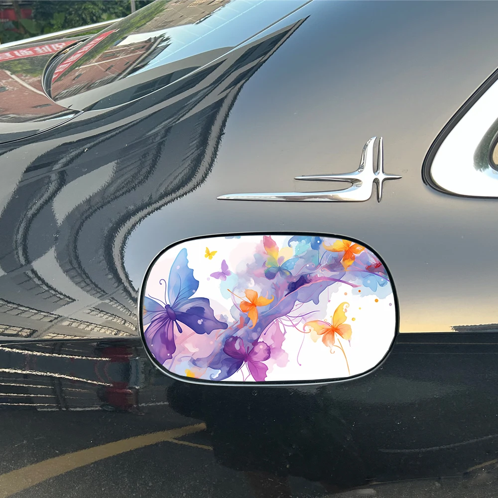1PC Purple Orange Watercolor Flying Butterfly Car Fuel Tank Sticker PET Waterproof Soft Ink Art Auto Fuel Cap Exterior Decal view 6
