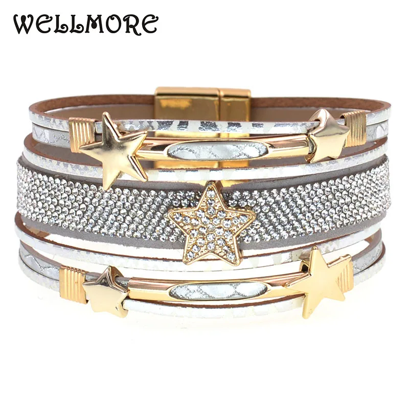 Wellmore luxo liga de zinco estrela charme pulseiras para mulheres bohemia couro pulseiras moda jóias transporte da gota por atacado