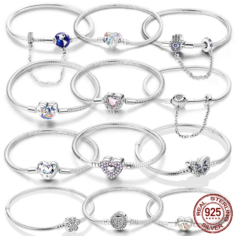 Klassisches Damen-Armband aus 925er Silber mit funkelndem Herz, Schmetterling, Schlangenknochen, passend für DIY-Schmuck, Charms, die als Valentinstagsgeschenk herstellen