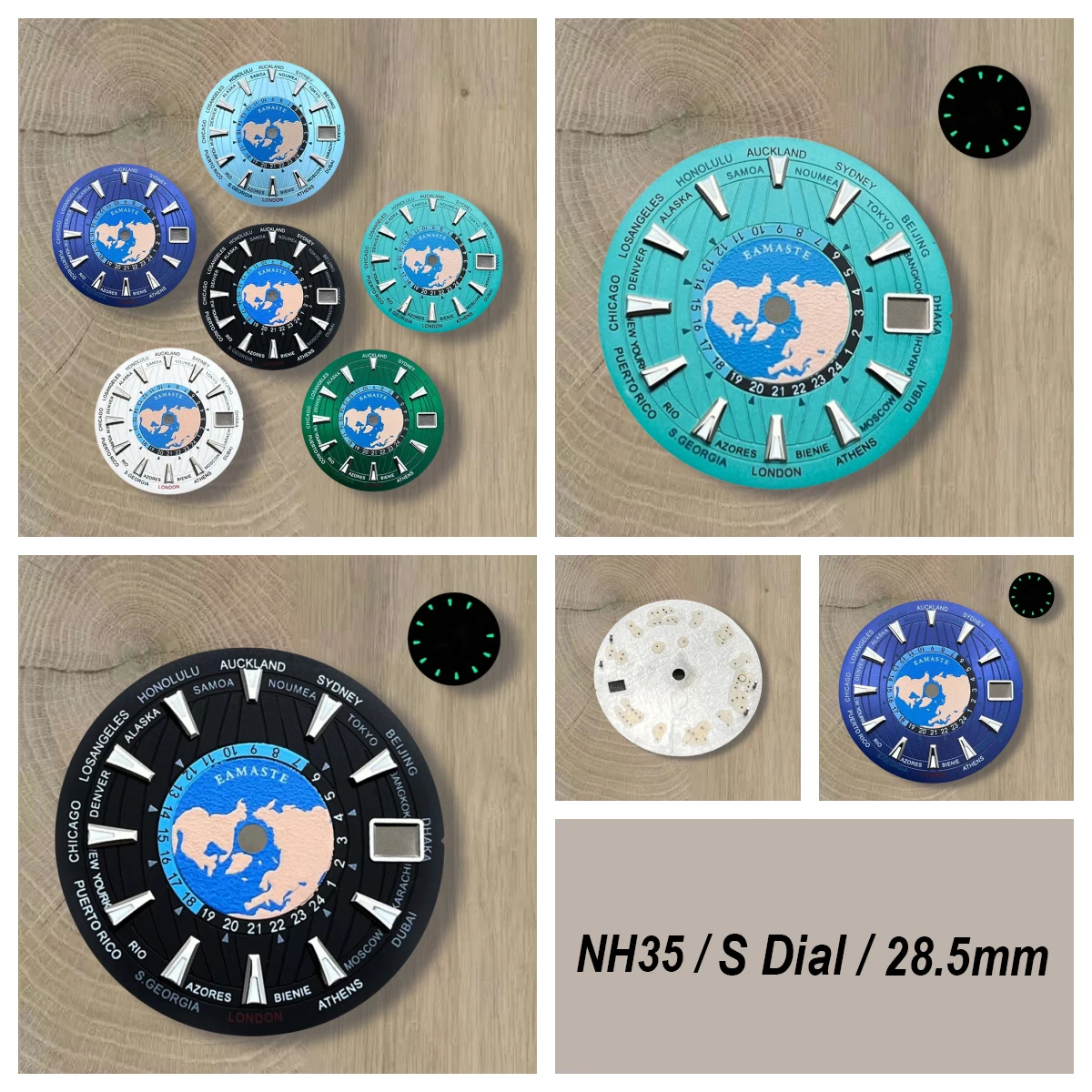 

28.5mm S Logo World Map Dial Fit NH35/NH36/4R/7S Japanese Automatic Movement Green Luminous Watch Modification Accessories