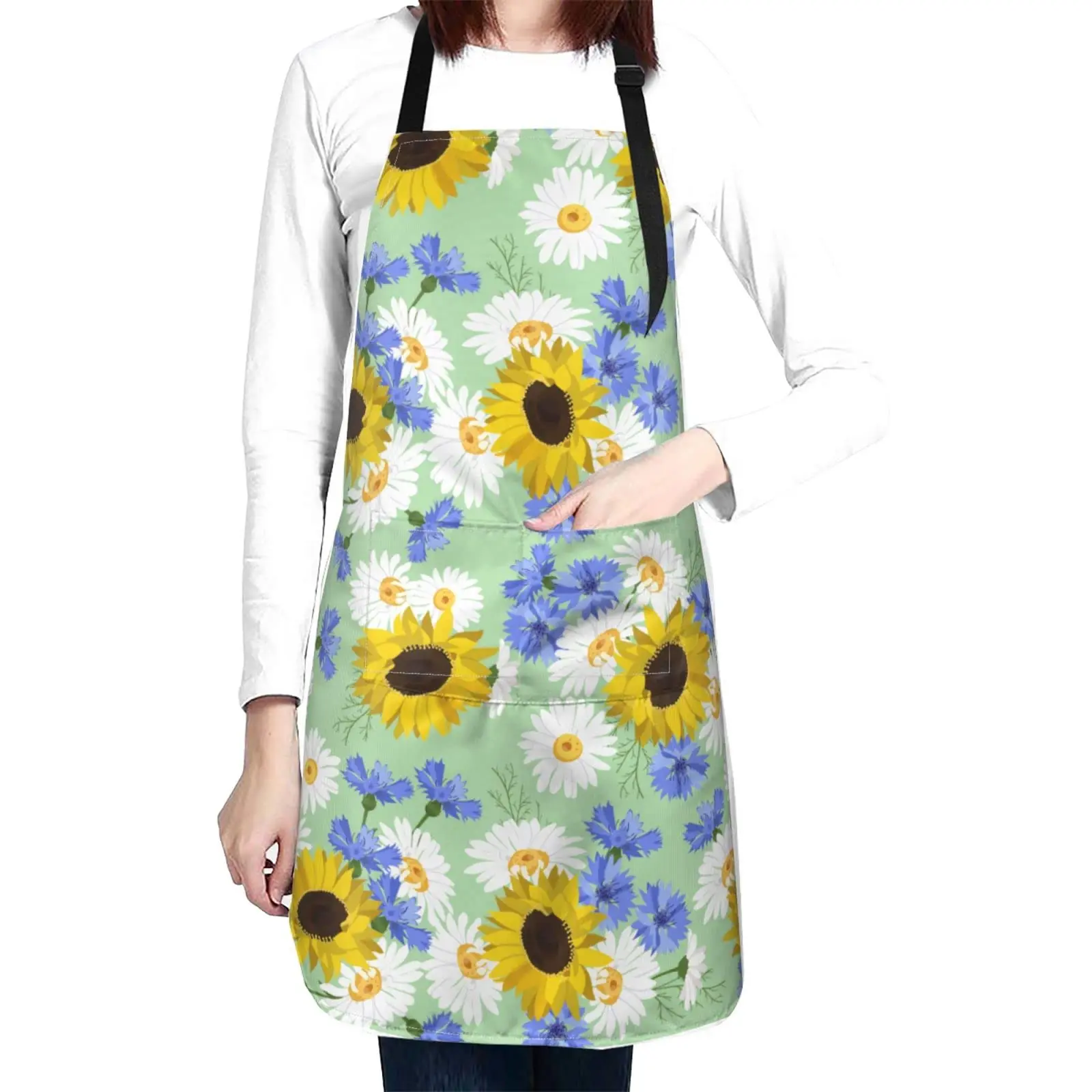 Cute Sunflowers Daisy Chef Apron with Pockets for Women, Pretty Floral Flowers Chamomile Cornflowers Adjustable Waterproof Apron