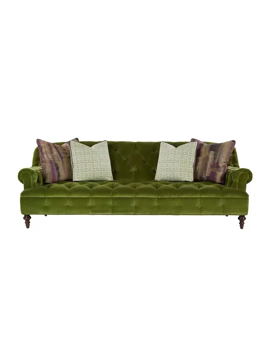 French style retro green velvet pull button three-seat sofa living room two-seat sofa