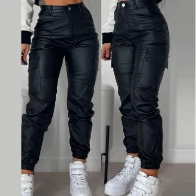 Women High Waist Black Pants Cargo Zipper Olive Green Trousers Faux Leather Elastic Cuff Slim Pants Pu Leather